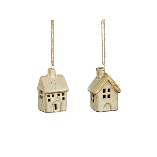 Décoration à suspendre forme maison en porcelaine beige - 4 x 3 x 7 cm