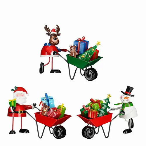 Personnage de Noël en métal avec brouette rouge et cadeaux avec 15 LED