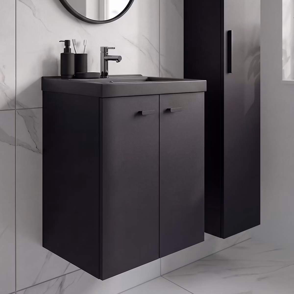Meuble sous vasque suspendu noir mat l.50 cm 2 portes Imandra + plan vasque faible profondeur noir Nira – GoodHome