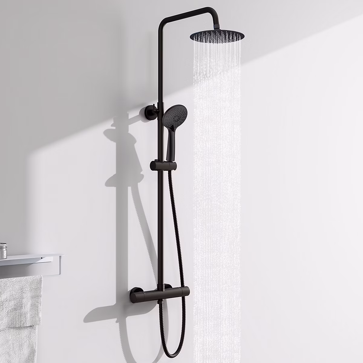 AICA Colonne de douche thermostatique noire mate – avec douche de tête ronde et douchette à main réglable en plusieurs modes