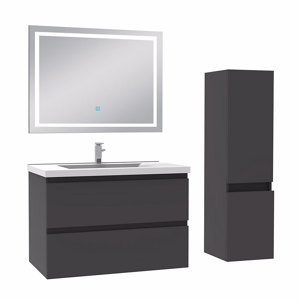 Ensemble meuble de salle de bain 80cm – vasque céramique + colonne + LED miroir mural, anthracite