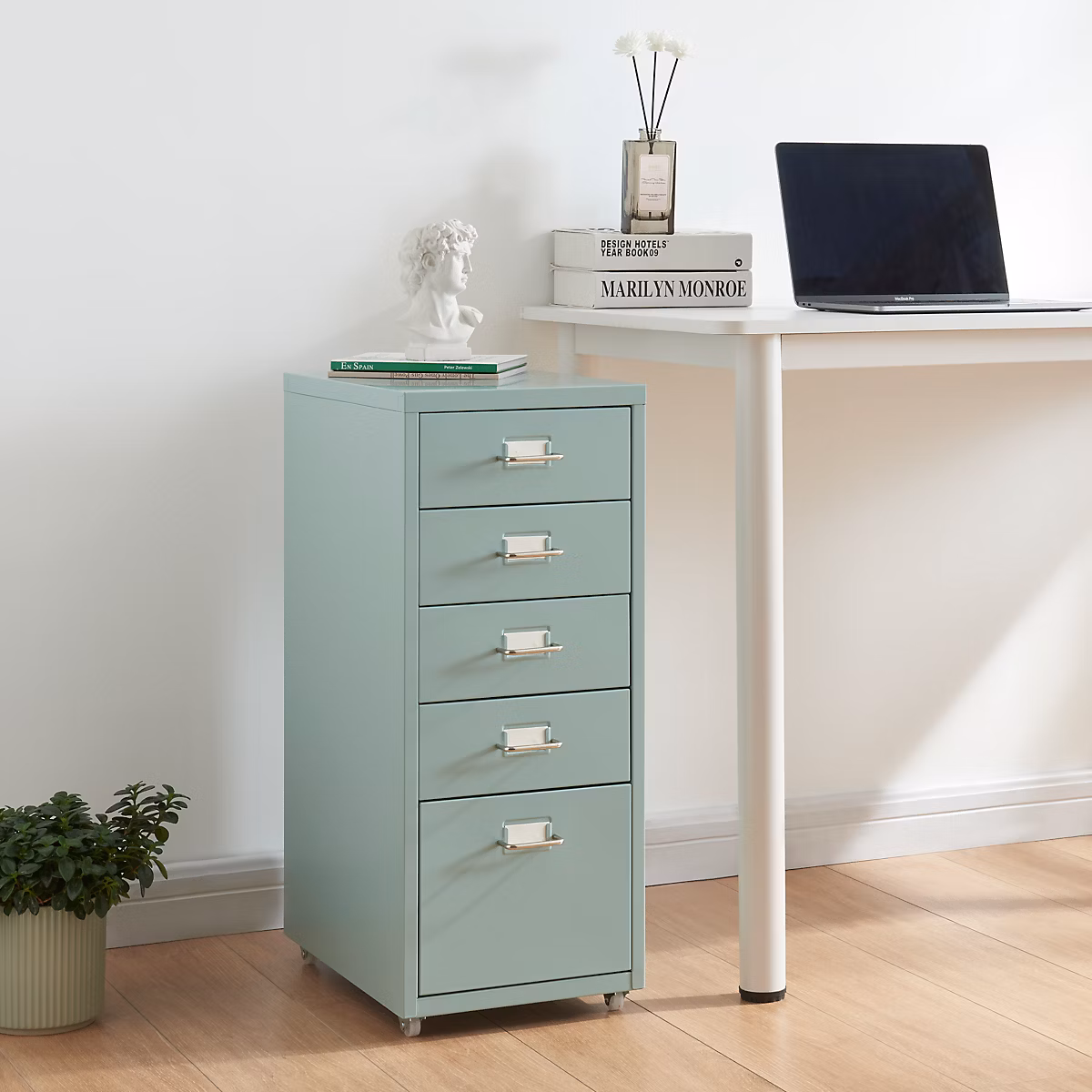 Caisson de bureau Kökar à roulettes avec 5 tiroirs 69 × 28 × 41 cm vert menthe en.casa