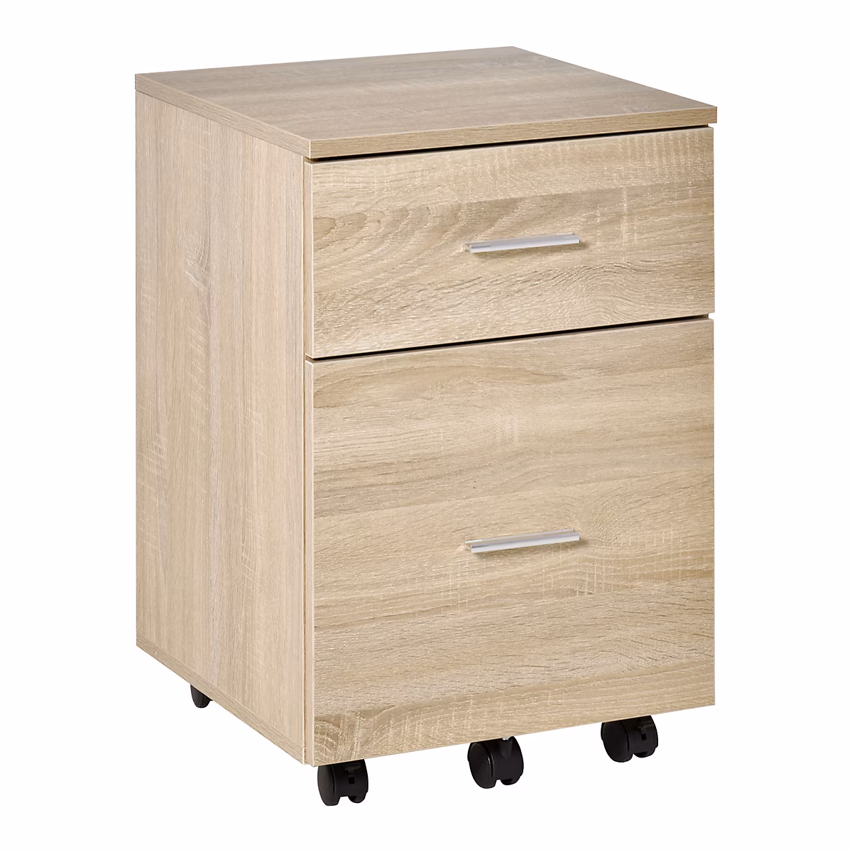 Caisson de bureau rangement bureau sur roulettes 2 tiroirs panneaux particules aspect bois chêne clair | Rangement bureau