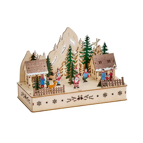 Village boisé du Père Noël en bois naturel rouge et vert à 6 LED sur piles - 28 x 14 x 20 cm