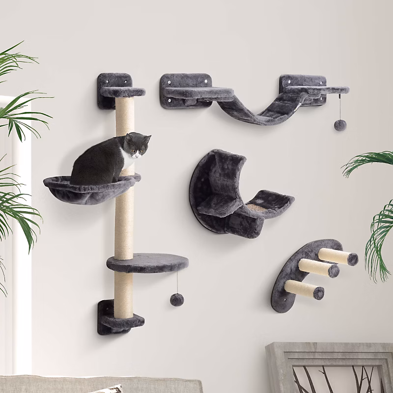 Arbre à chat mural en polyester gris foncé avec hamac et pont – 4 pièces