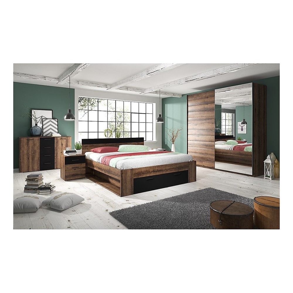 Chambre à coucher EOS : Armoire 200cm – Lit 160 × 200, commode, chevets. Couleur chene foncé et noir