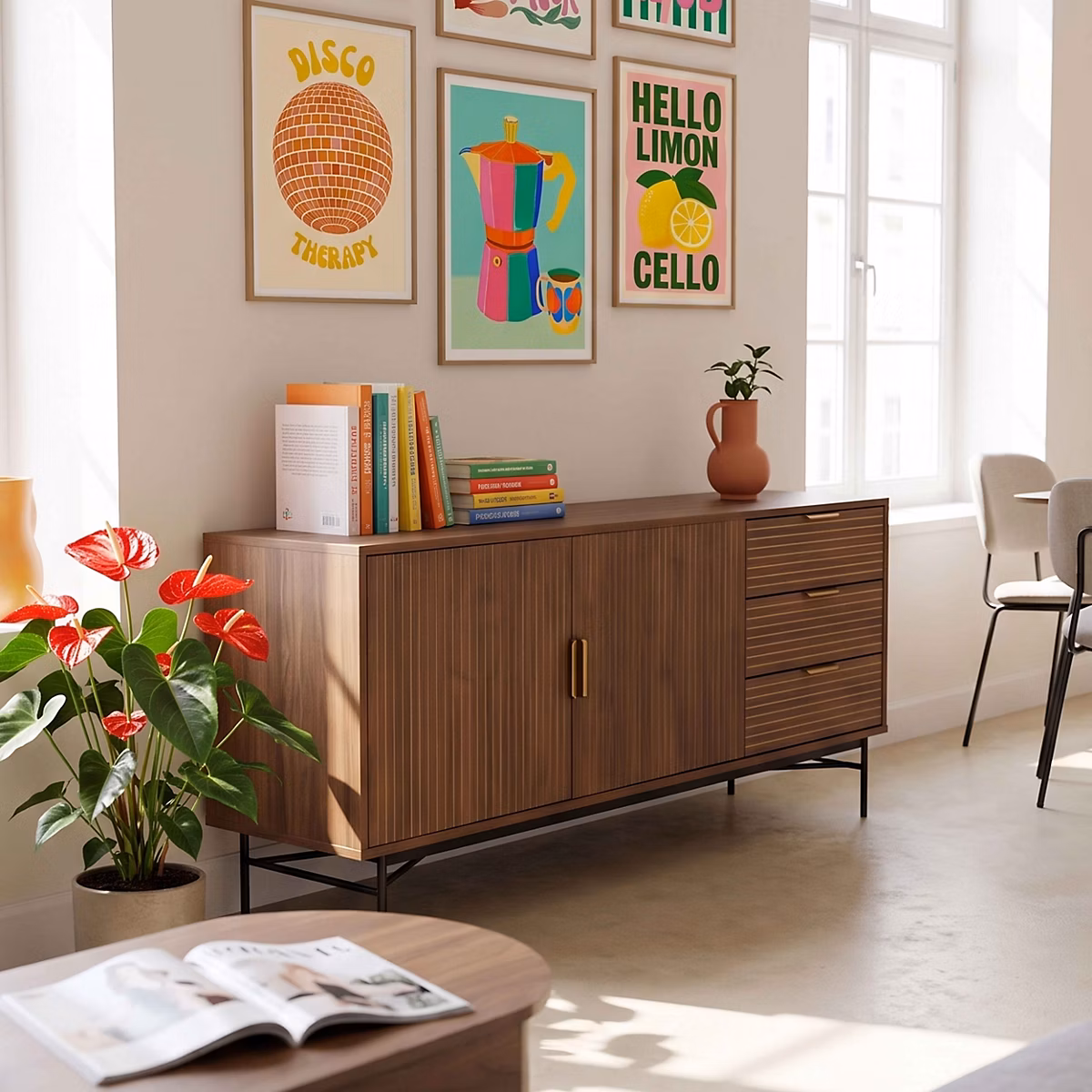 Buffet 2 portes et 3 tiroirs en mélaminé et acier 160 cm marron Oviala – Réf. KBAWACQAA4865600289