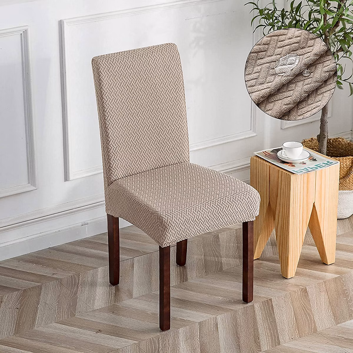 BASHLWUA Housse de chaise jacquard à carreaux longue et imperméable – Taupe | housse de chaise universelle | moderne et durable | ada