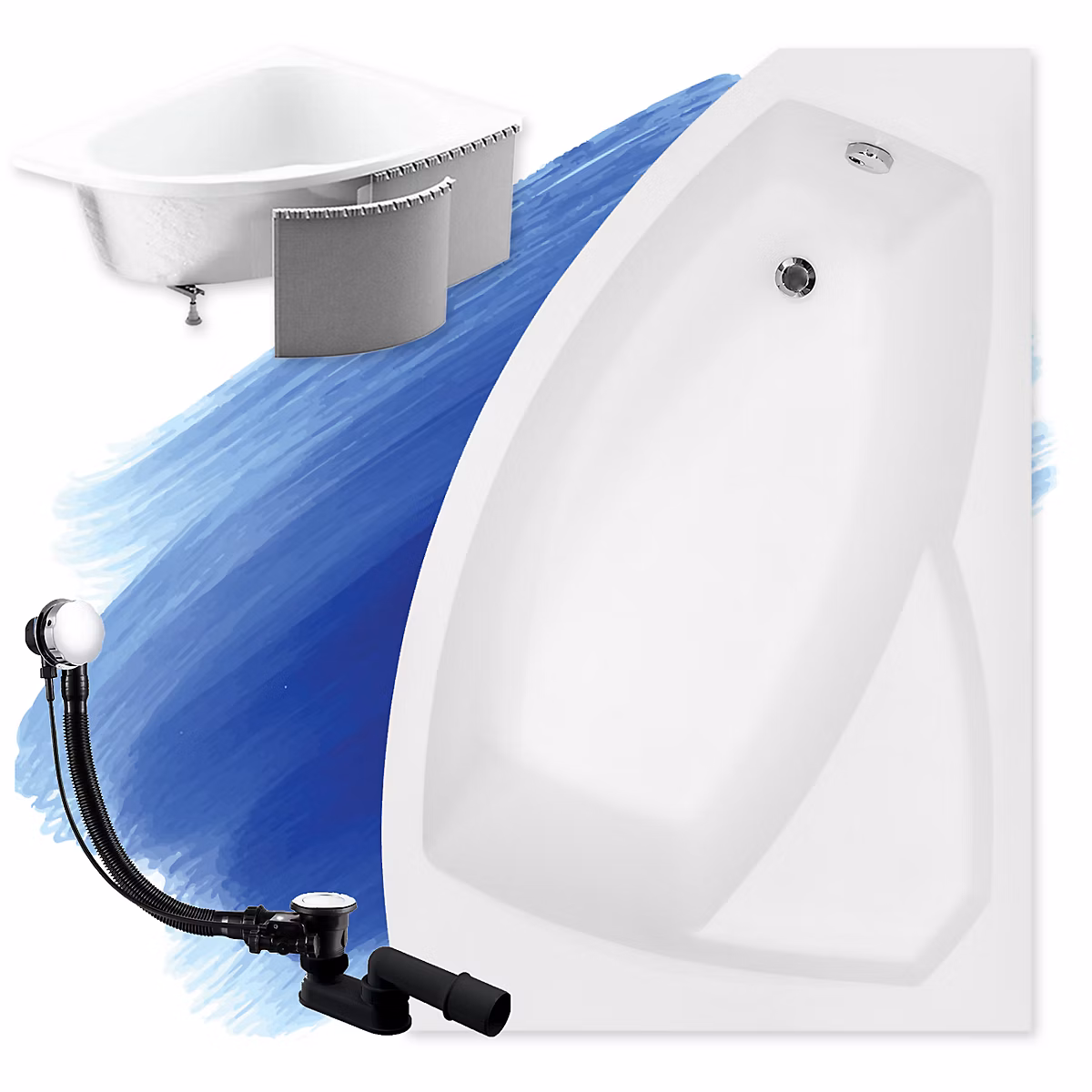 Baignoire asymétrique 140 × 90 Droite RIMA acrylique blanc + Habillage en polystyrène + Pieds + Vidage à chromé