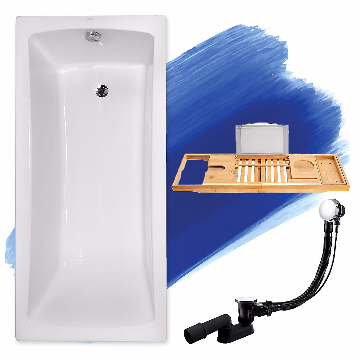 Baignoire rectangulaire 160 x 70 OPTIMA acrylique blanc – sans Habillage + Étagère bambou + Pieds + Vidage à chromé