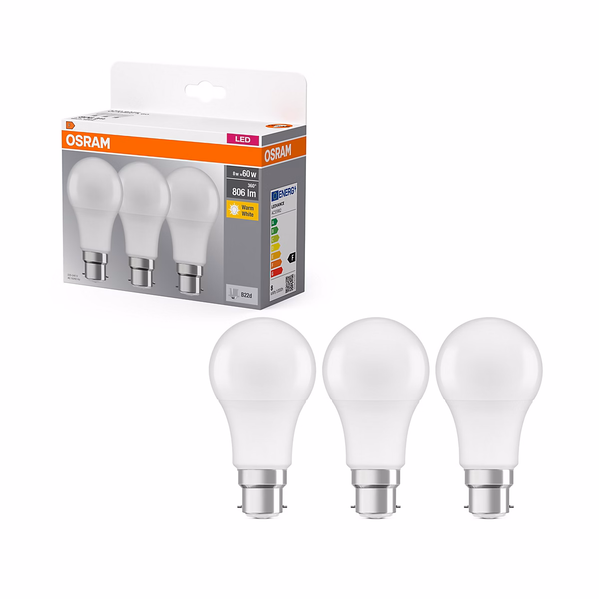 3 ampoules LED B22 806lm blanc chaud 8W Osram | Ampoule