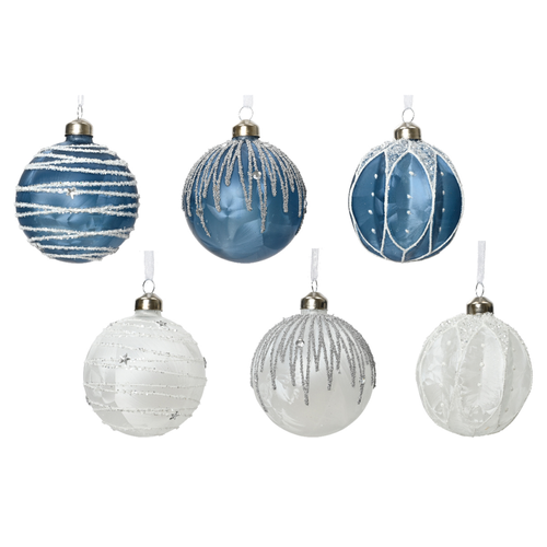 BOULE DE NOËL EN VERRRE MAT BLANC HIVER OU BLEU NUIT MOTIF PAILLETTES - ∅8CM