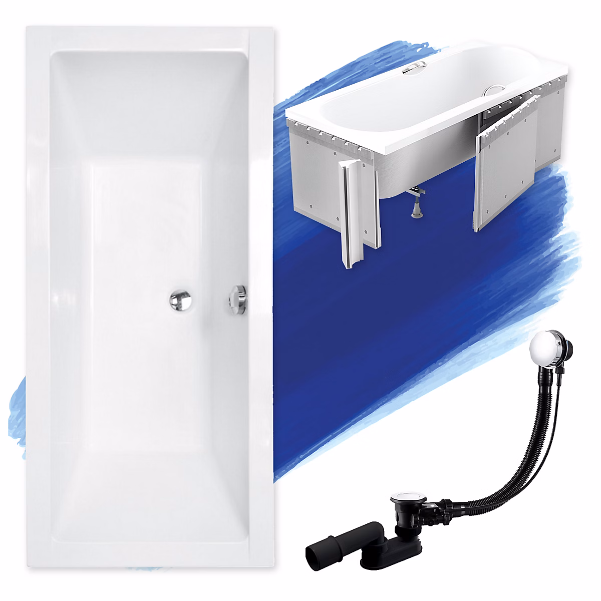 Baignoire rectangulaire 155 x 70 QUADRO acrylique blanc + Habillage en polystyrène + Pieds + Vidage à chromé | Baignoire