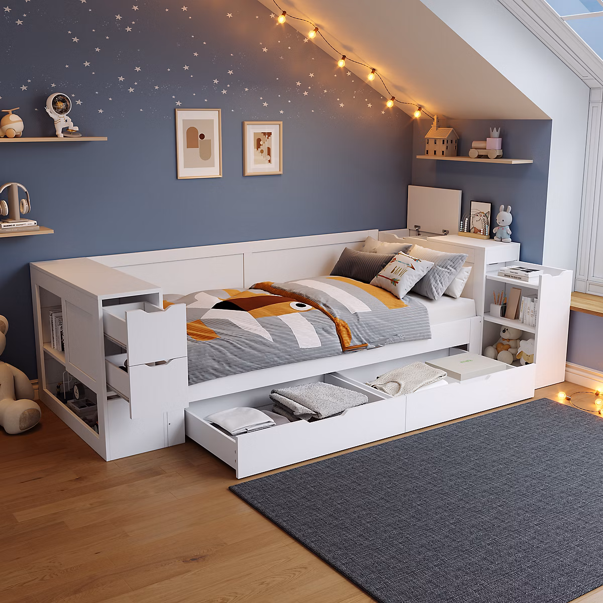 Canapé-lit enfant 90 × 190 cm – Avec tiroirs, étagères et espace de rangement, MDF, Blanc (sans matelas)