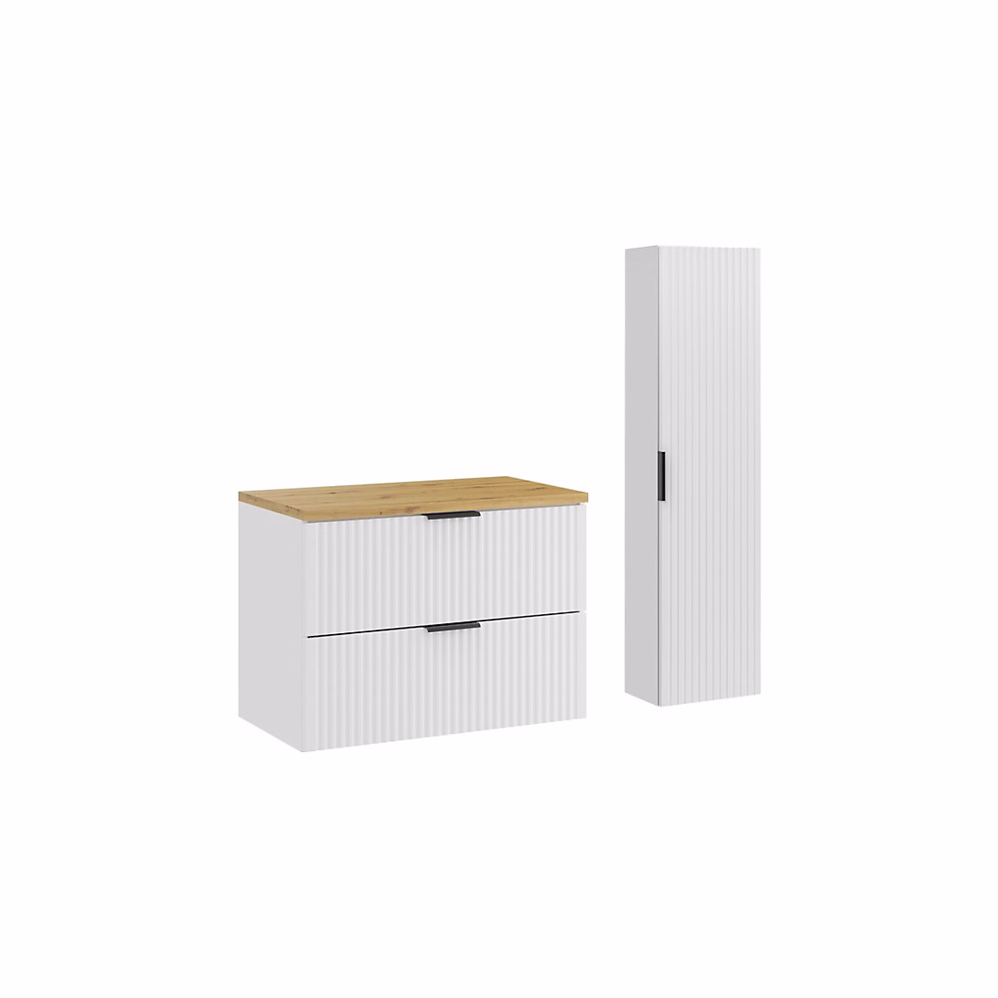 Ensemble de salle de bain NOXERA 80 cm Meuble sous vasque suspendu blanc alpin avec plan pour vasque chene et colonne murale – Réf. EFZGEVEDJ1189241517