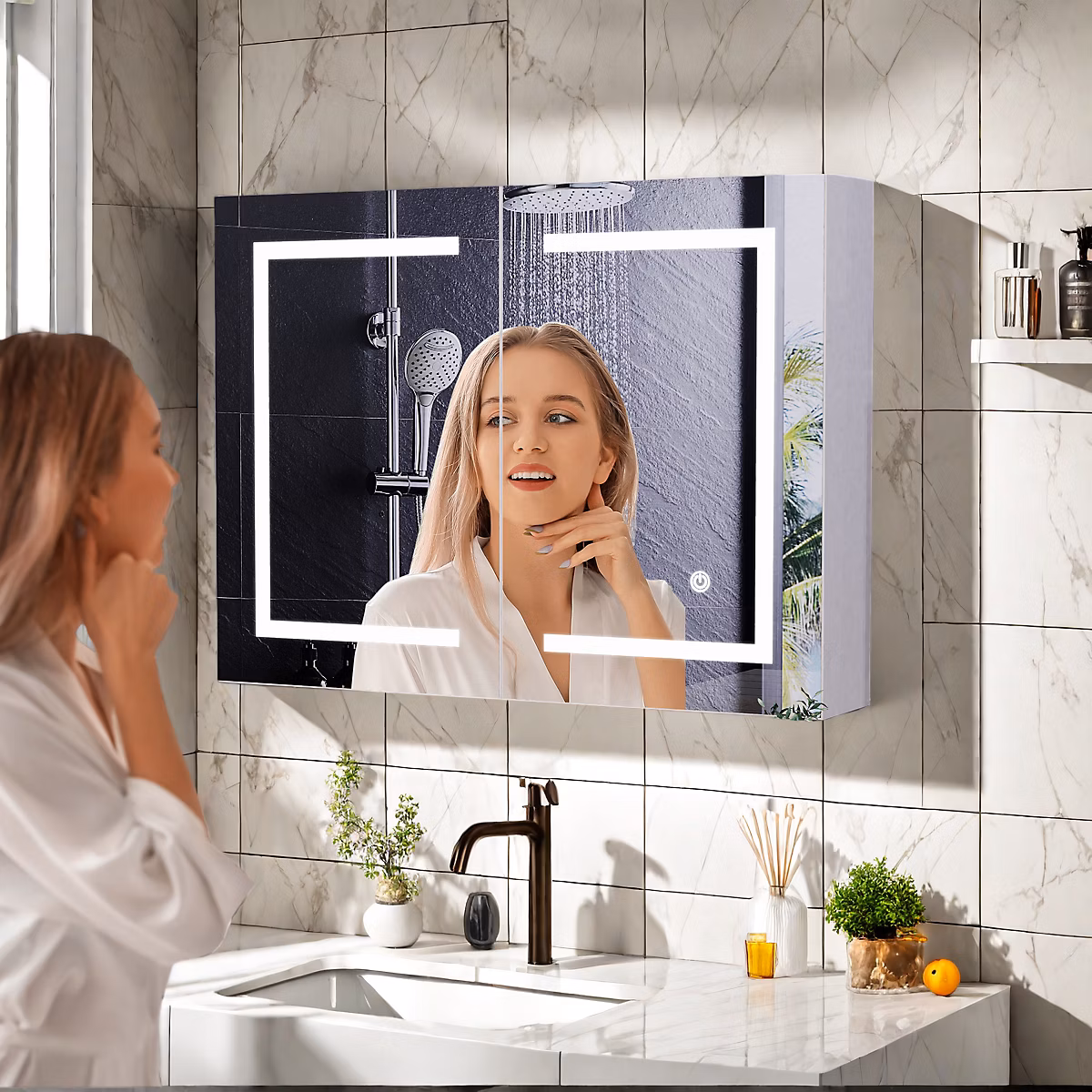 Armoire salle de bains miroir LED avec 2 étagères réglables | réglage de la luminosité sur trois niveaux – 80x60 x 13.5 cm – Blanc