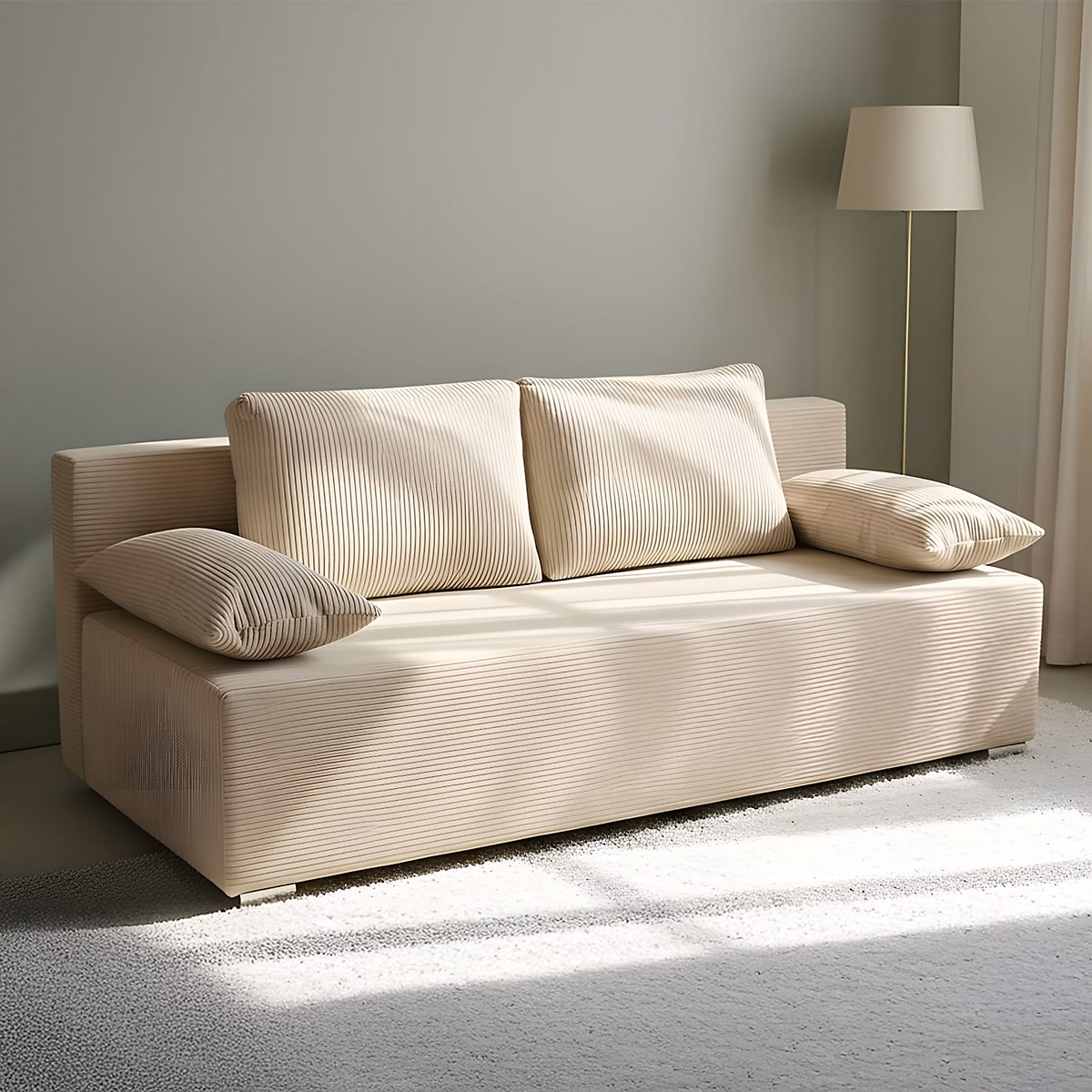 Canapé convertible avec coffre LUNERA – velours côtelé crème