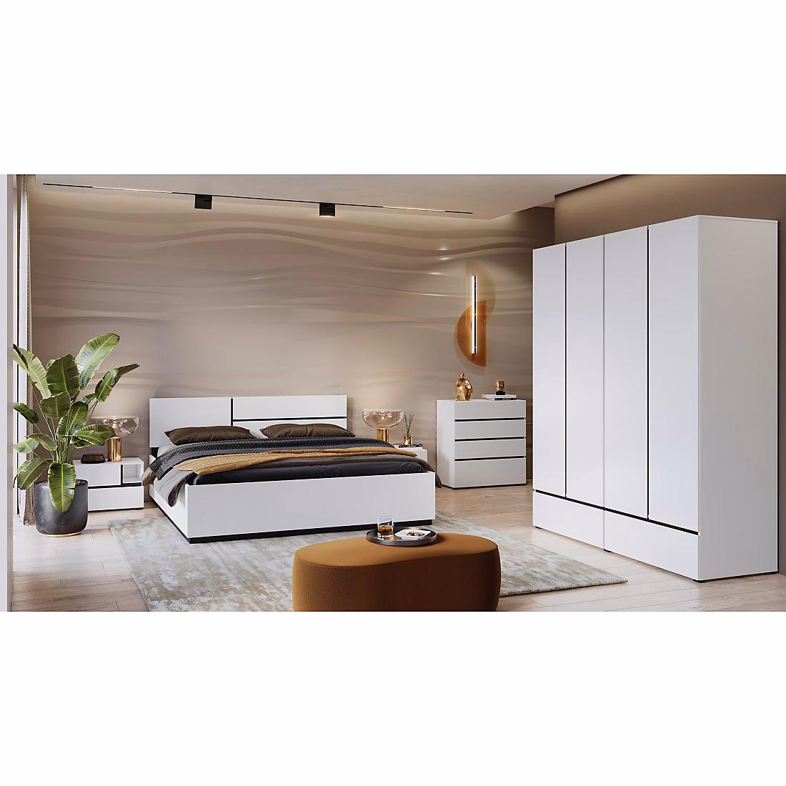 Chambre complète HAVANA blanc et noir Lit 160 × 200 – armoire 4 portes, chevets et commode