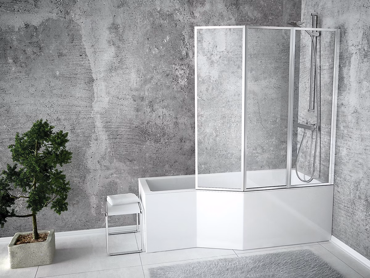 Baignoire asymétrique 150 × 75 Droite INTEGRA acrylique blanc + avec Tablier + Écran + Pieds + Vidage à chromé