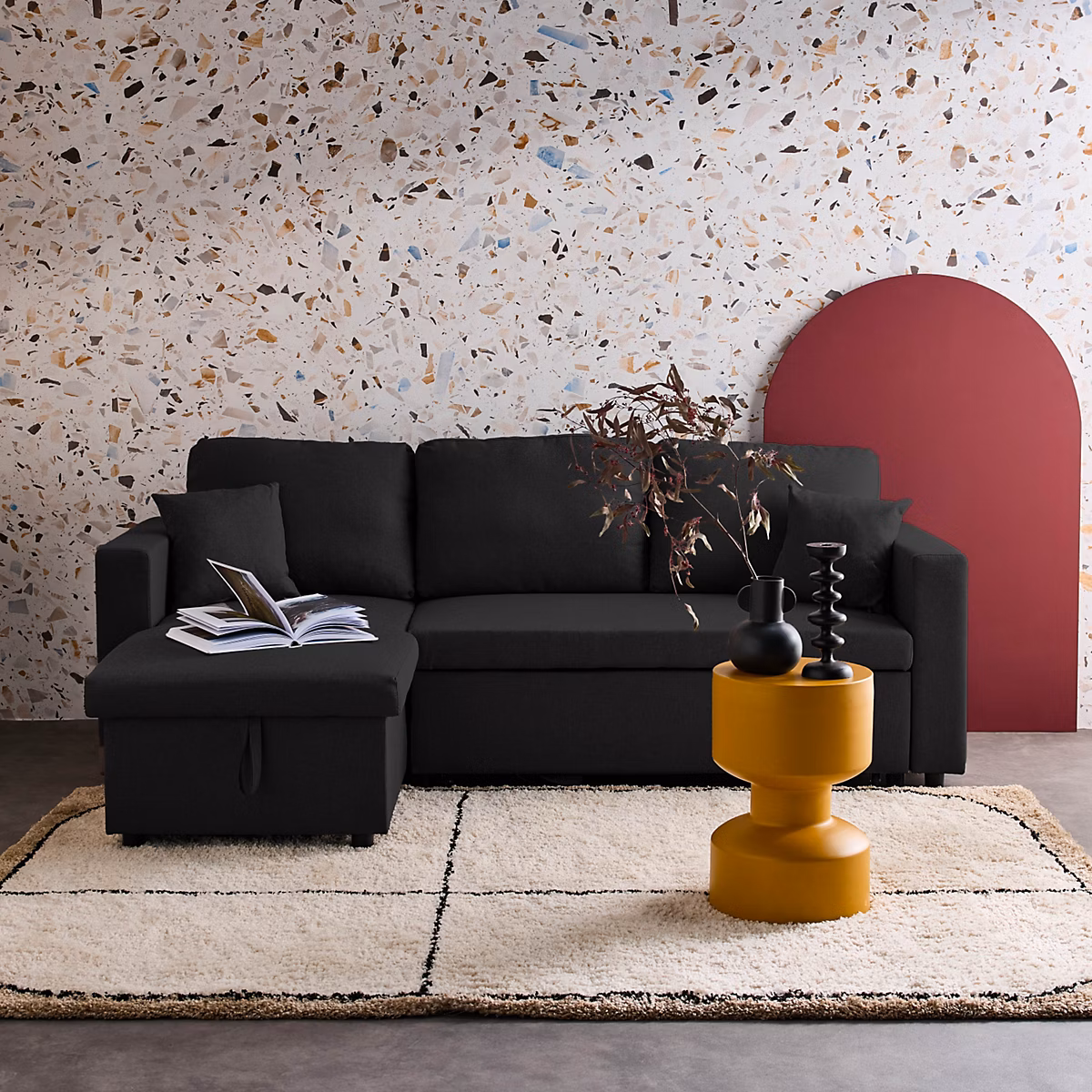 Canapé d'angle SMILE convertible réversible compact 3 places en tissu noir. L 213.5 x P 136.5 x H 83cm. avec coffre de rangement – Réf. TMUQCYLHT3776223880