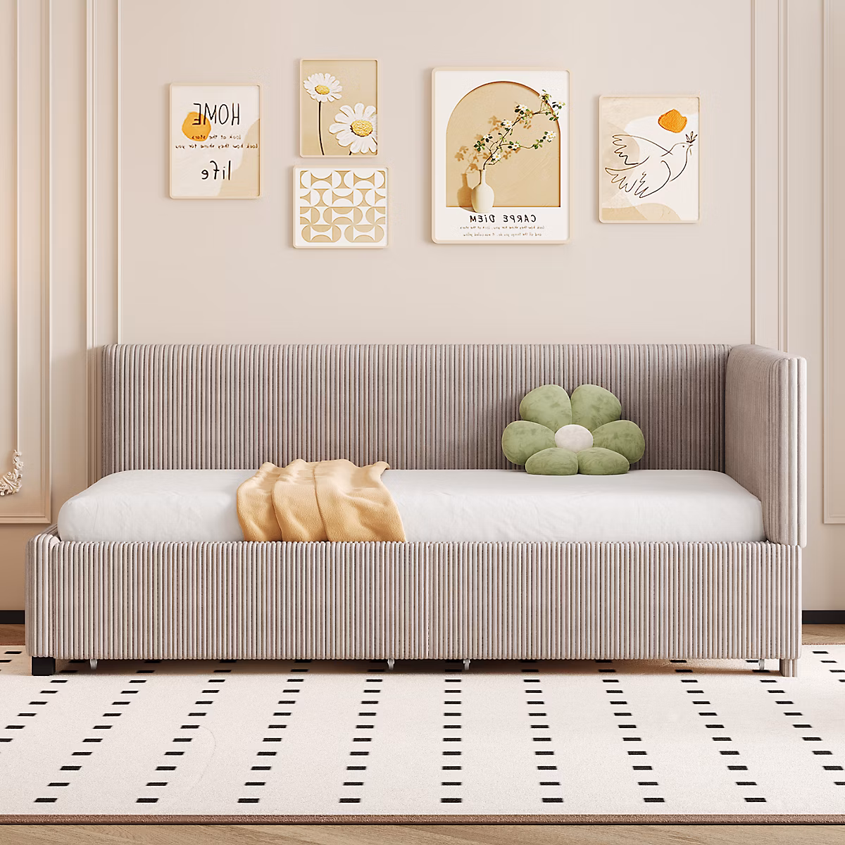 Canapé-lit 90 × 200 cm en velours gris – design mid-century avec 2 tiroirs et sommier à lattes