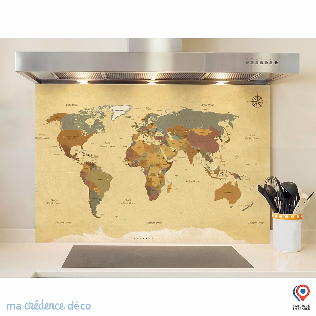 Crédence cuisine fond de hotte Carte du monde – Alu composite, L 60 cm x H 45 cm, MaCrédenceDéco