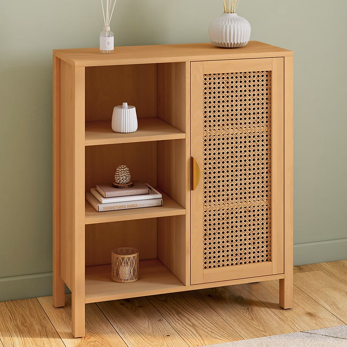 Meuble – Buffet d'appoint 3 étagères et placard 70 cm EDHEN bois et cannage