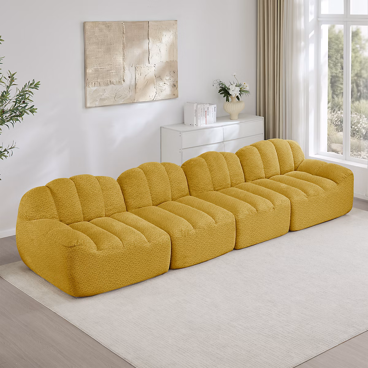 Canapé modulaire 4 places – coquille, mousse haute densité 32D, siège profond, tissu doux, jaune