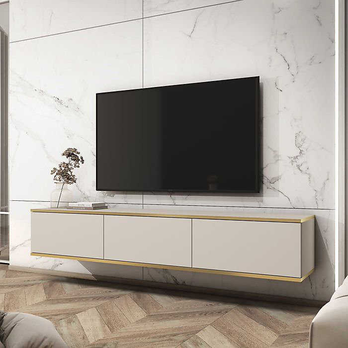 Banff TV175 – meuble TV | façade beige lisse | chêne artisan | largeur 175 cm | hauteur 30 cm | profondeur 32 cm