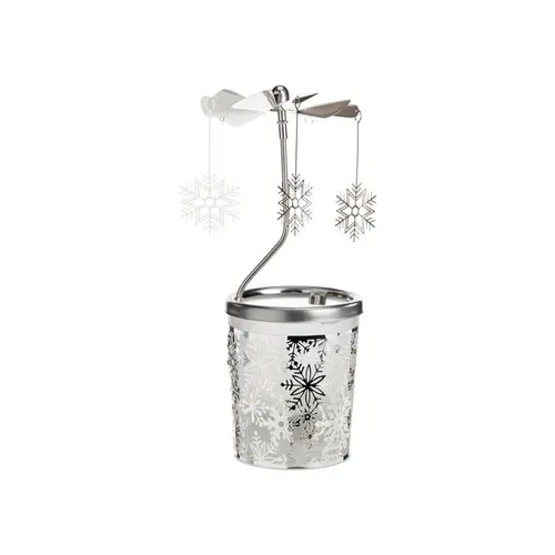Carrousel photophore en métal argenté avec flocons - H 12 cm