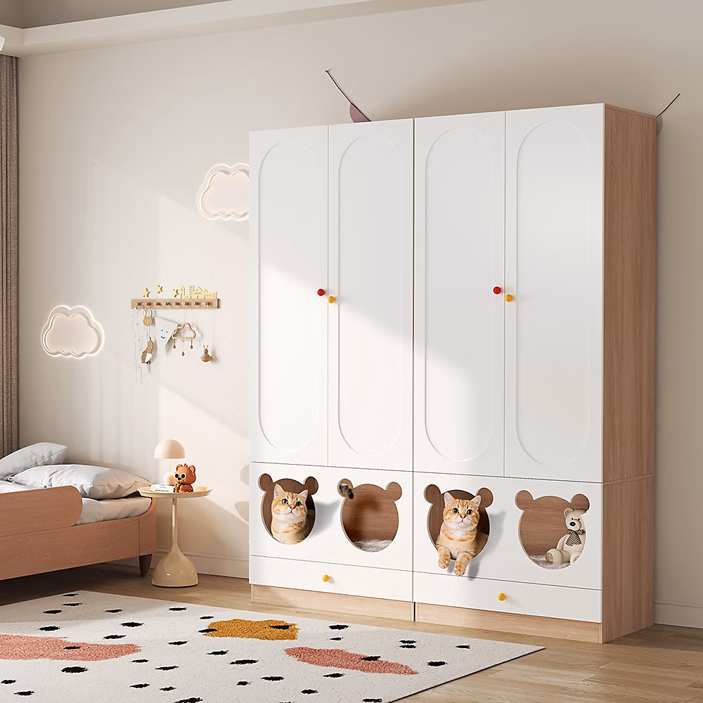 Armoire pour enfants avec lit pour chat – 160 × 50 × 200cm | blanc + couleur bois naturel | armoire combinée 2 parties | tringle à cintres