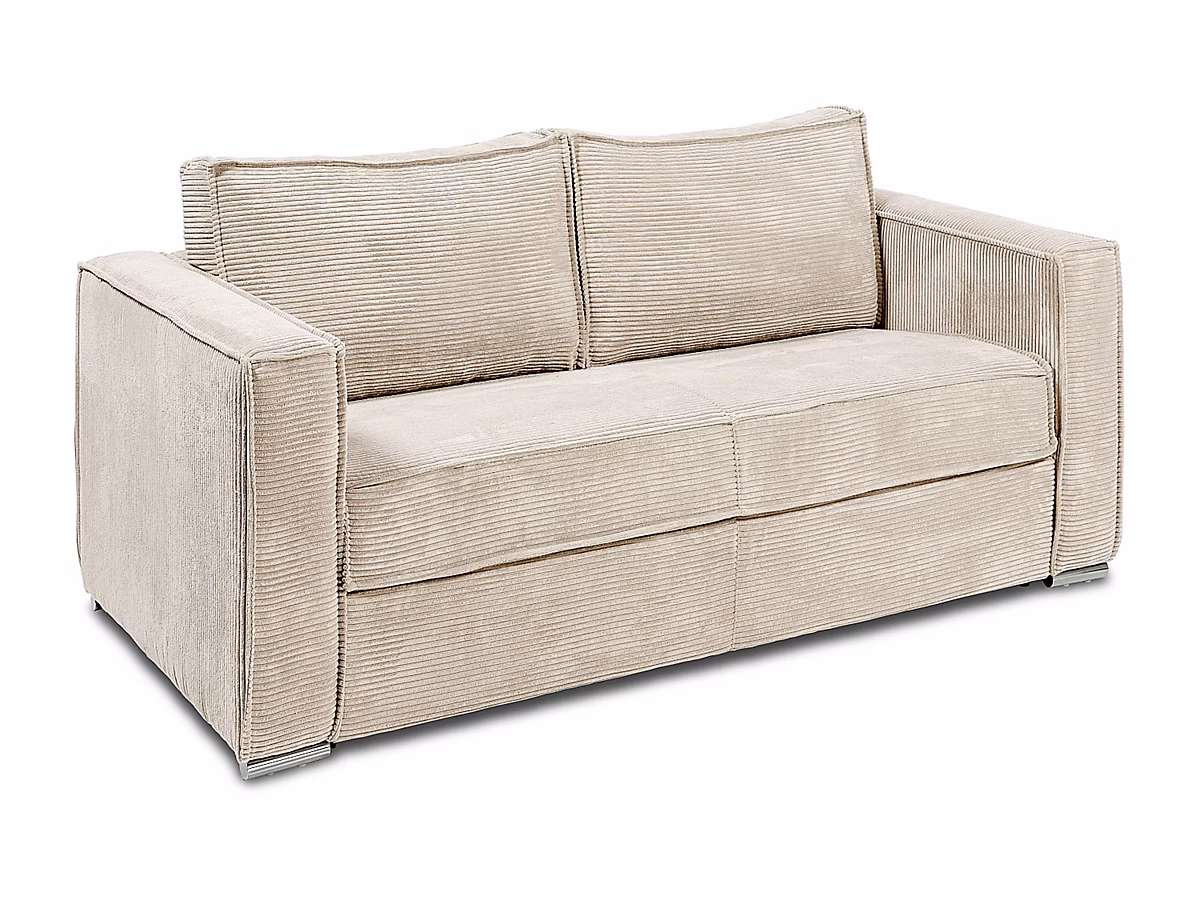 Canapé 4 places convertible express en velours côtelé beige – Couchage à lattes larges 160 cm, Matelas 14 cm LORETO