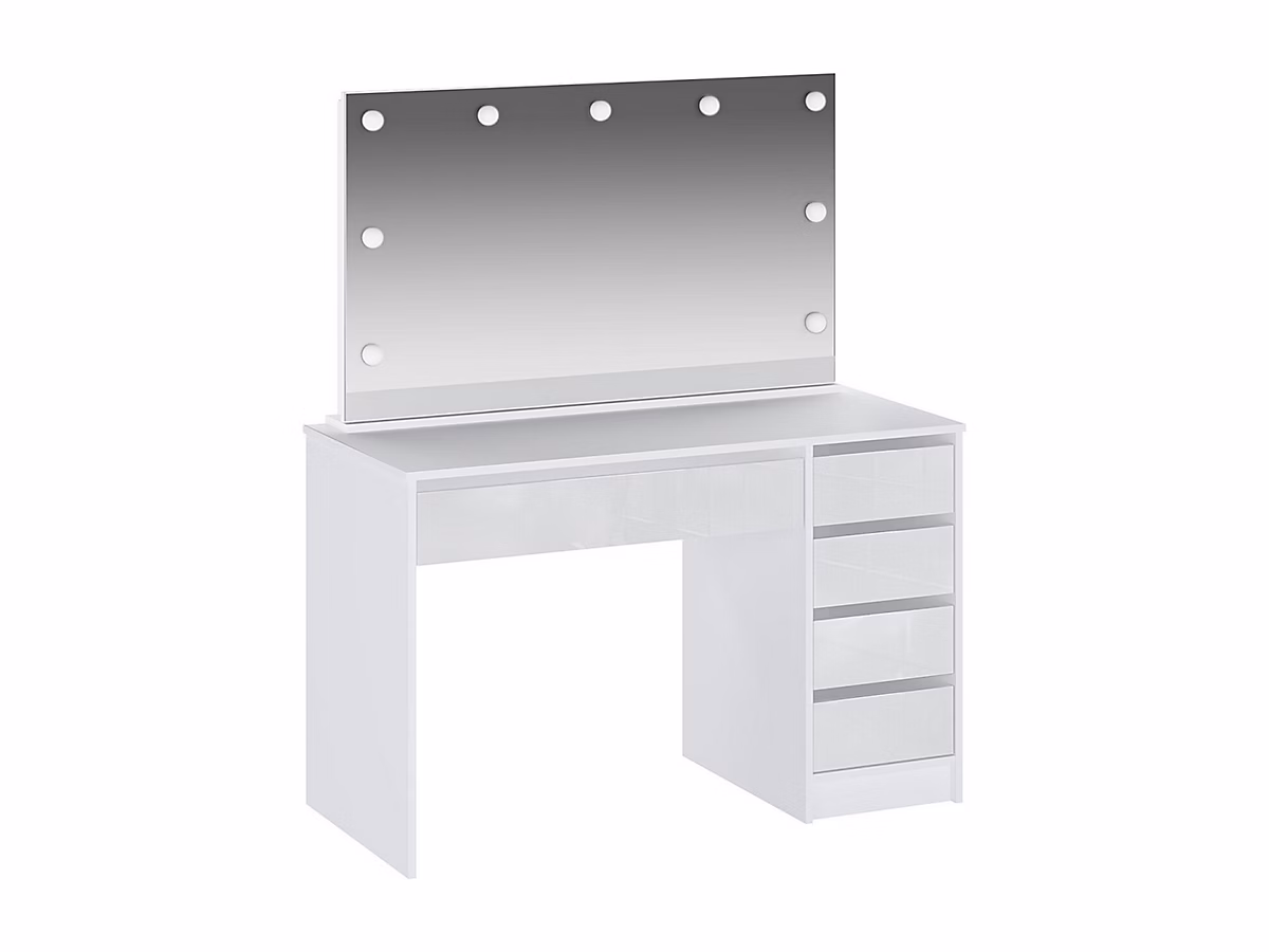 Coiffeuse avec miroir à LEDs – 5 tiroirs, Blanc brillant, JENEMI