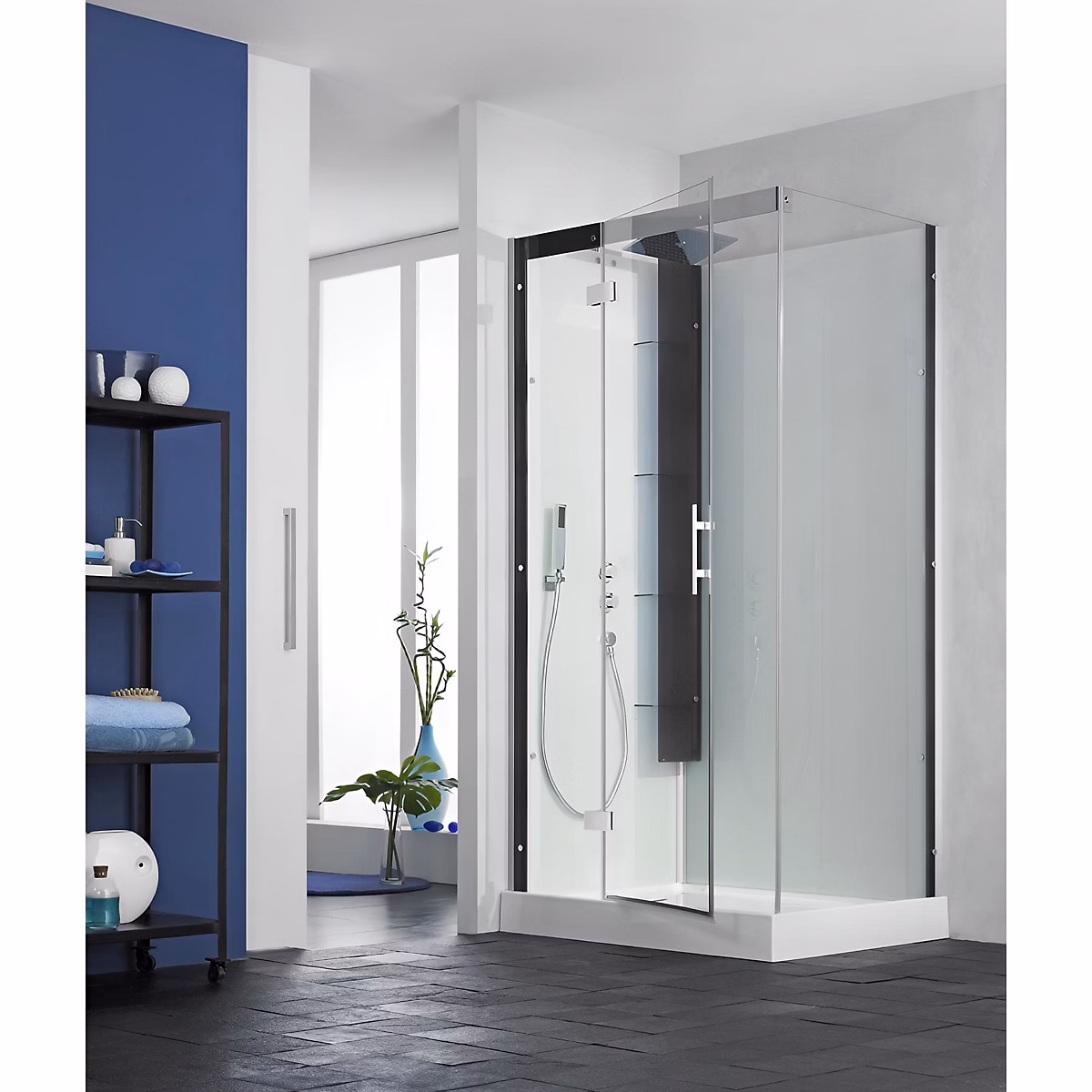 Cabine de douche KINEDO HORIZON 110 × 81 hauteur receveur 12 – 5cm thermostatique finition perle noire