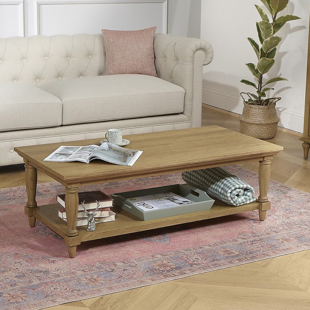 EDINBURGH Table basse style shabby chic en chêne – double plateau