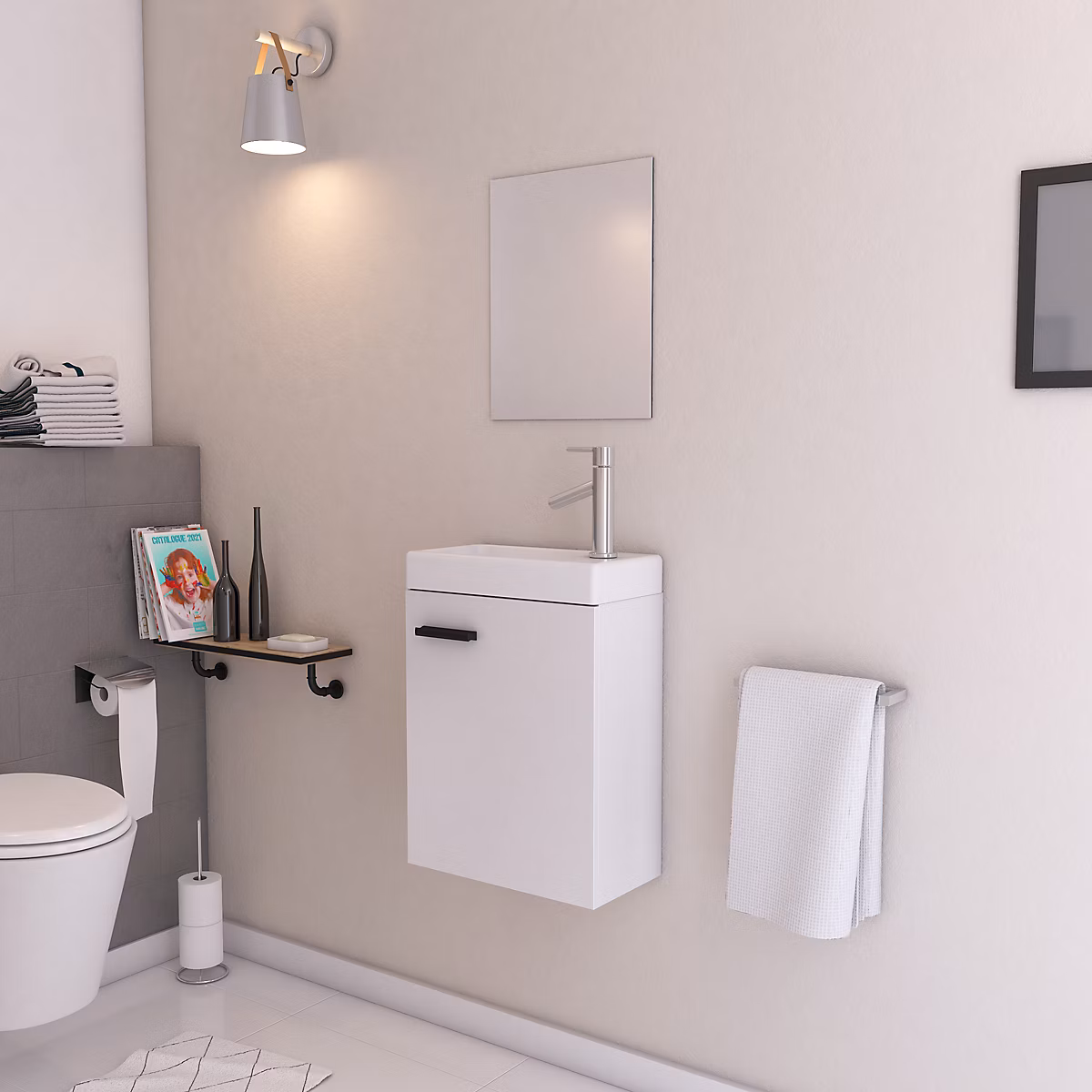 Ensemble Meuble Lave Mains Blanc 41 × 50 × 22cm + Miroir – SMALLY WHITE