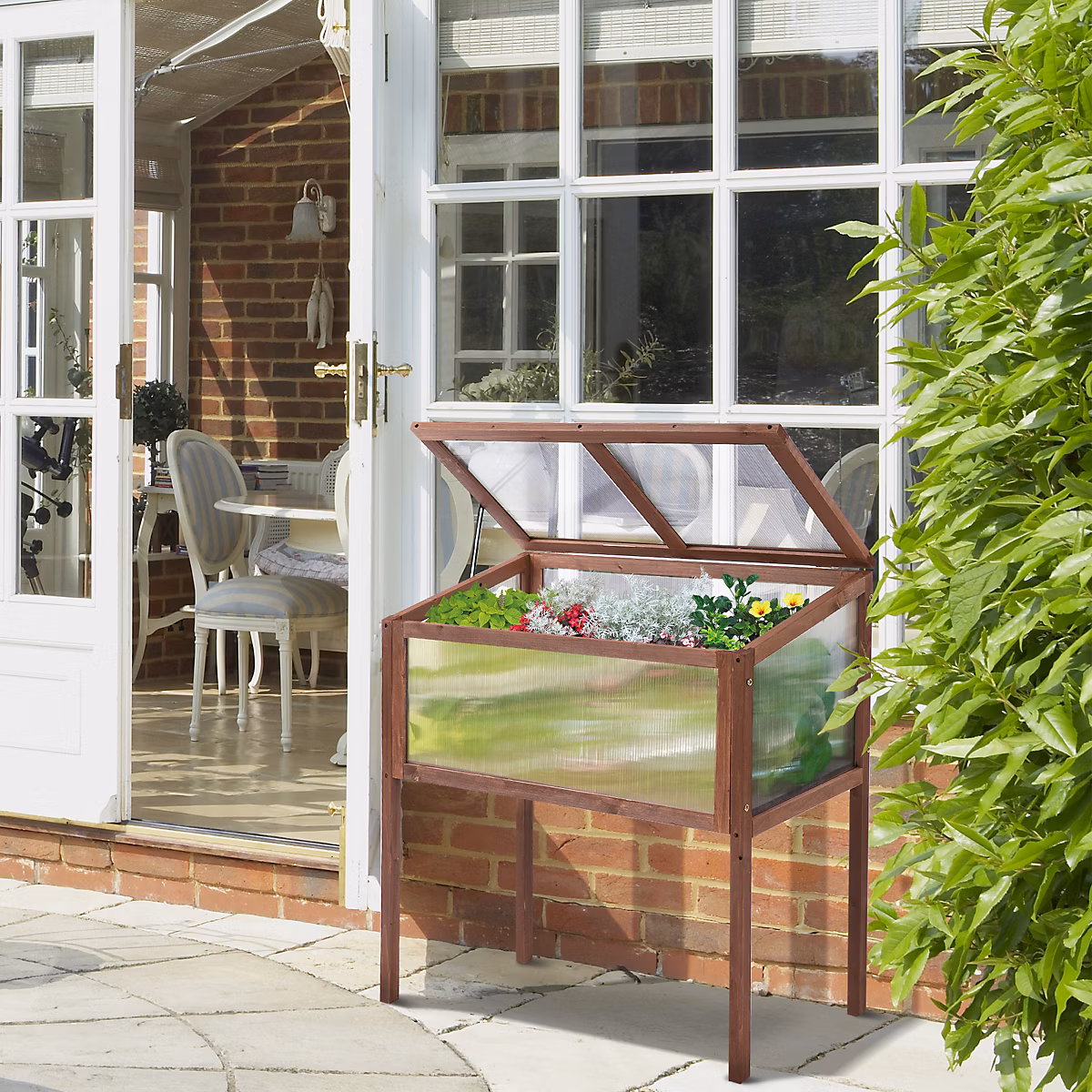 Carré potager surélevé 90 × 50 × 93 cm en bois marron avec couvercle transparent