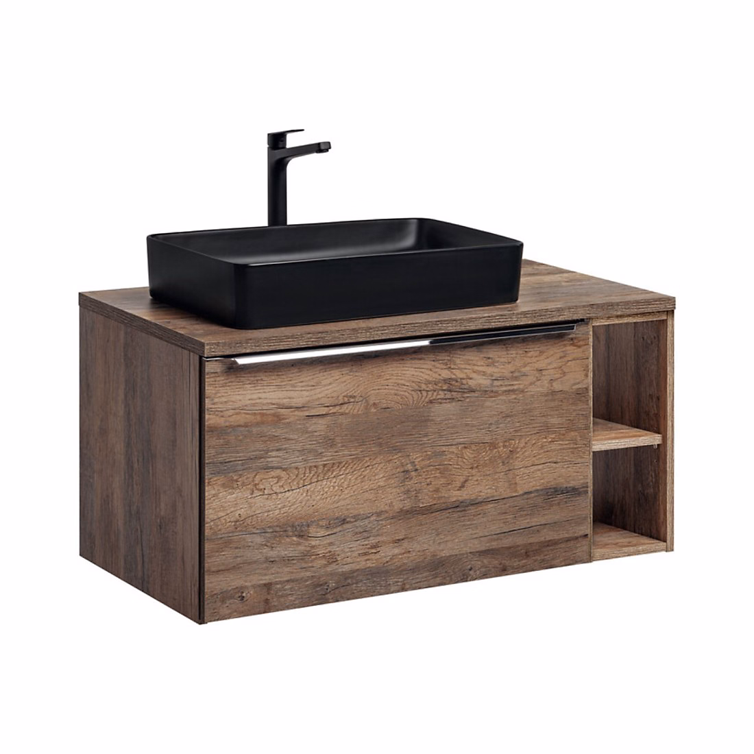 Ensemble de salle de bain VANTA chene : meubles sous vasque 100cm et plan vasque et 1 vasque noire à poser – Réf. FNRAJYUEP0960801495