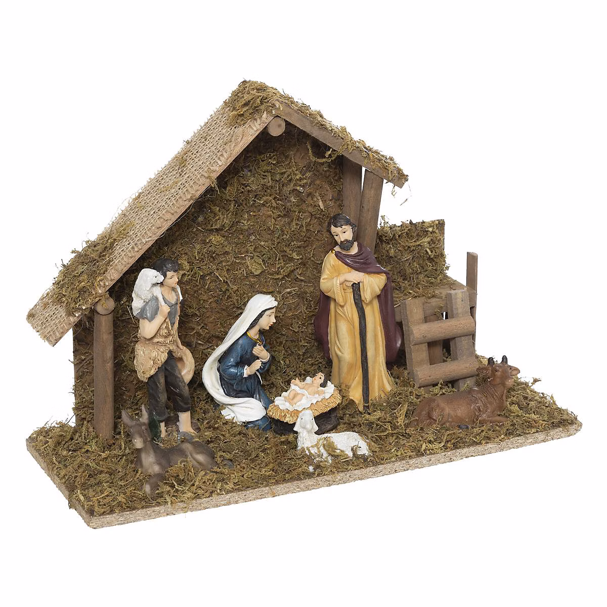Crèche de noël à led avec 7 santons 30 × 20cm résine et bois – feeric lights & christmas