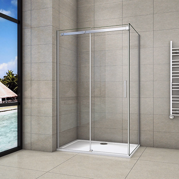 Cabine de douche d'angle – 140 × 80 × 195 cm, 8mm verre anticalcaire, porte coulissante, Chrome