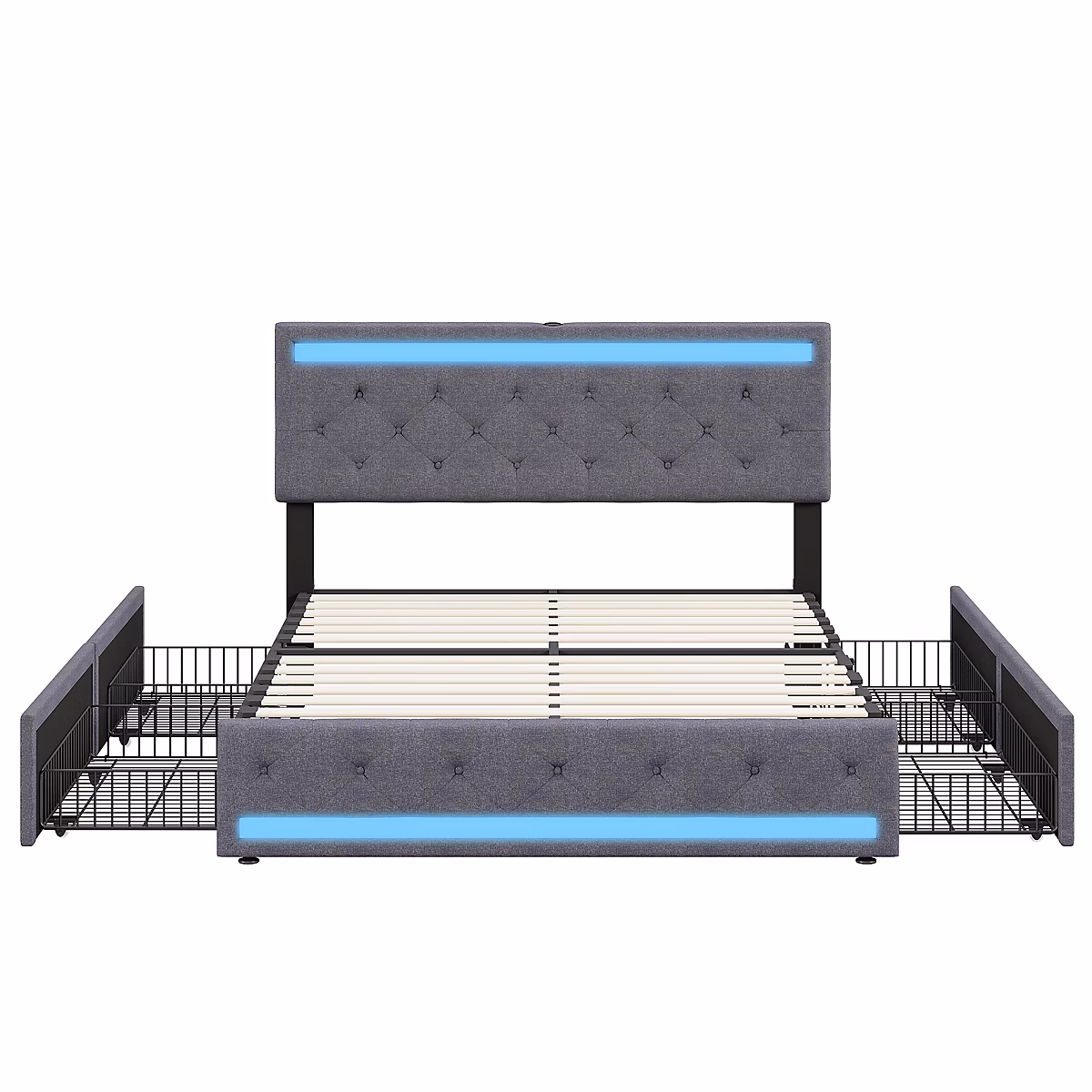 Cadre De Lit Double | 140 × 200 Cm – 4 Tiroirs De +station De Charge – Avec Bande Lumineuse LED – En Lin