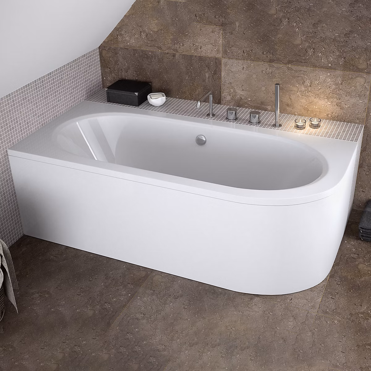 Baignoire asymétrique 150 x 75 Gauche AVITA acrylique blanc + avec Tablier + Pieds + Vidage à chromé | Baignoire