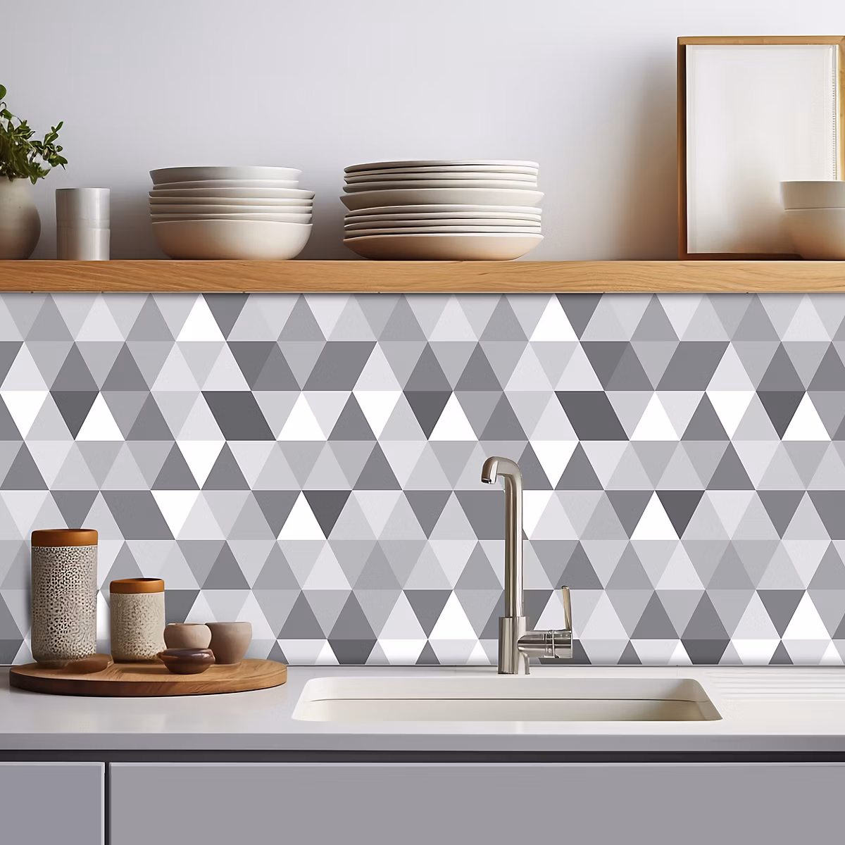 Crédence adhésive triangle blanc et gris – 40 × 200cm