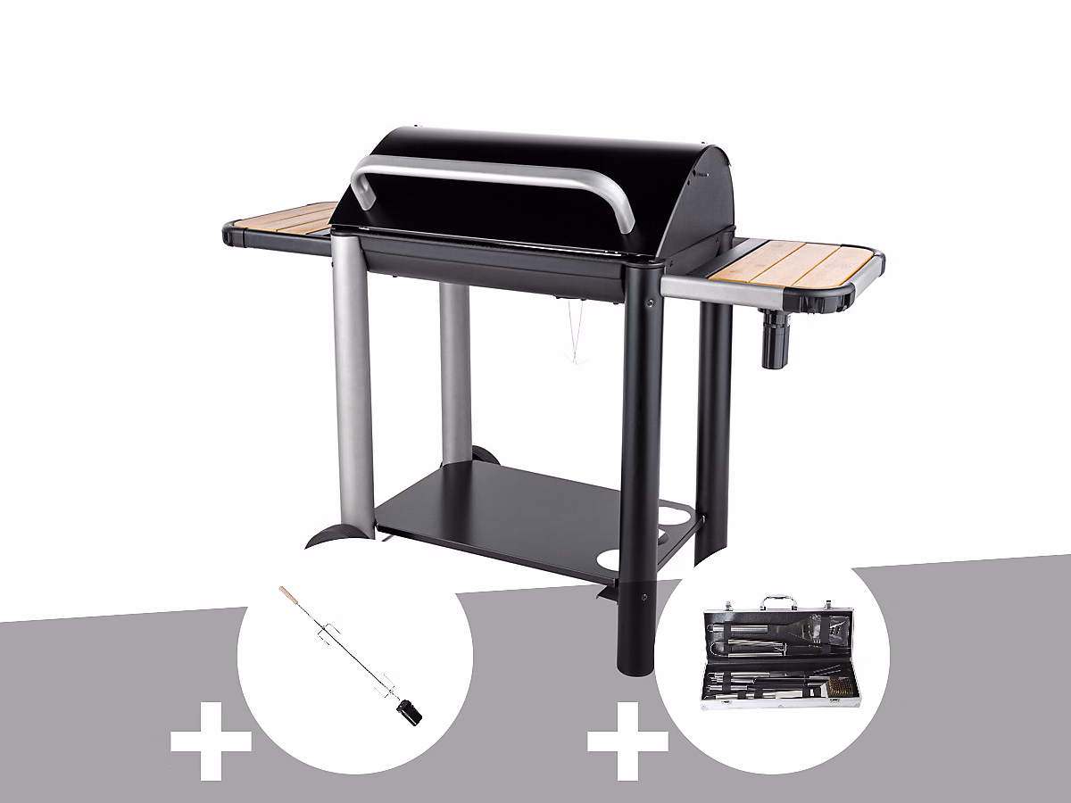 Barbecue charbon Vulcano 3000 + Kit tournebroche + Malette 8 accessoires inox – Somagic
