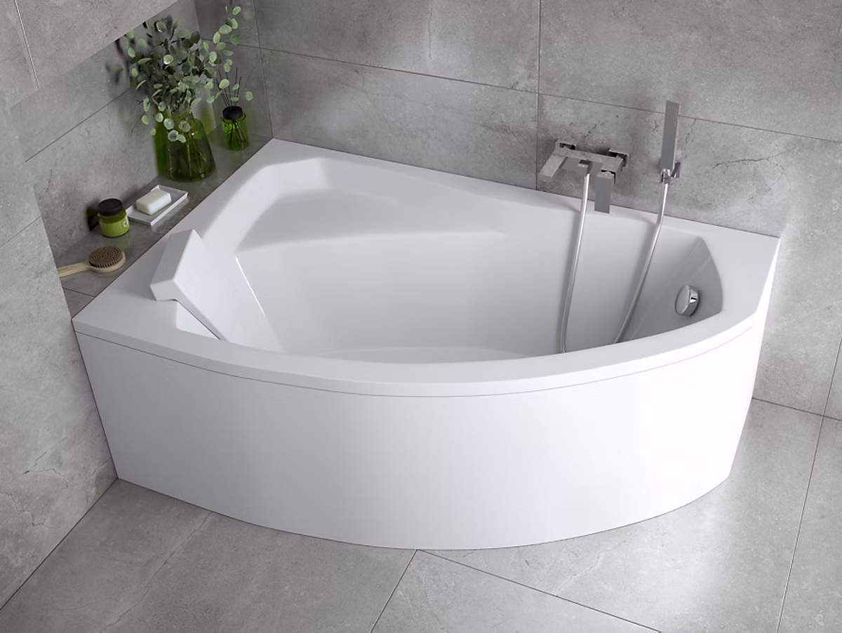 Baignoire asymétrique 130 x 85 Gauche RIMA acrylique blanc + avec Tablier + Pieds + Vidage à chromé | Baignoire