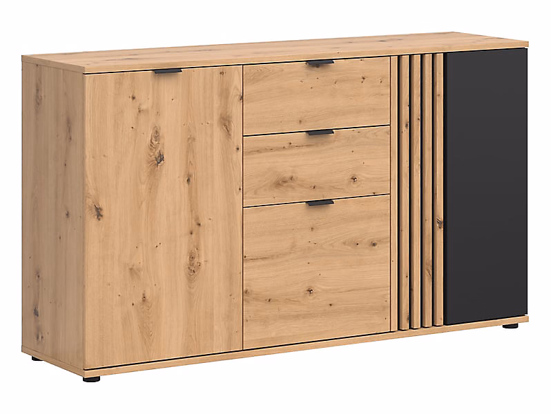 Commode buffet à 3 portes et 2 tiroirs – coloris Chêne artisan/Noir, Longueur 150,5 x Profondeur 40 x Hauteur 87 cm