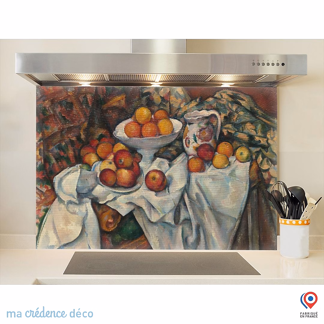 Crédence cuisine fond de hotte Paul Cézanne – Pommes et oranges, Verre trempé, L 60 cm x H 45 cm, MaCrédenceDéco