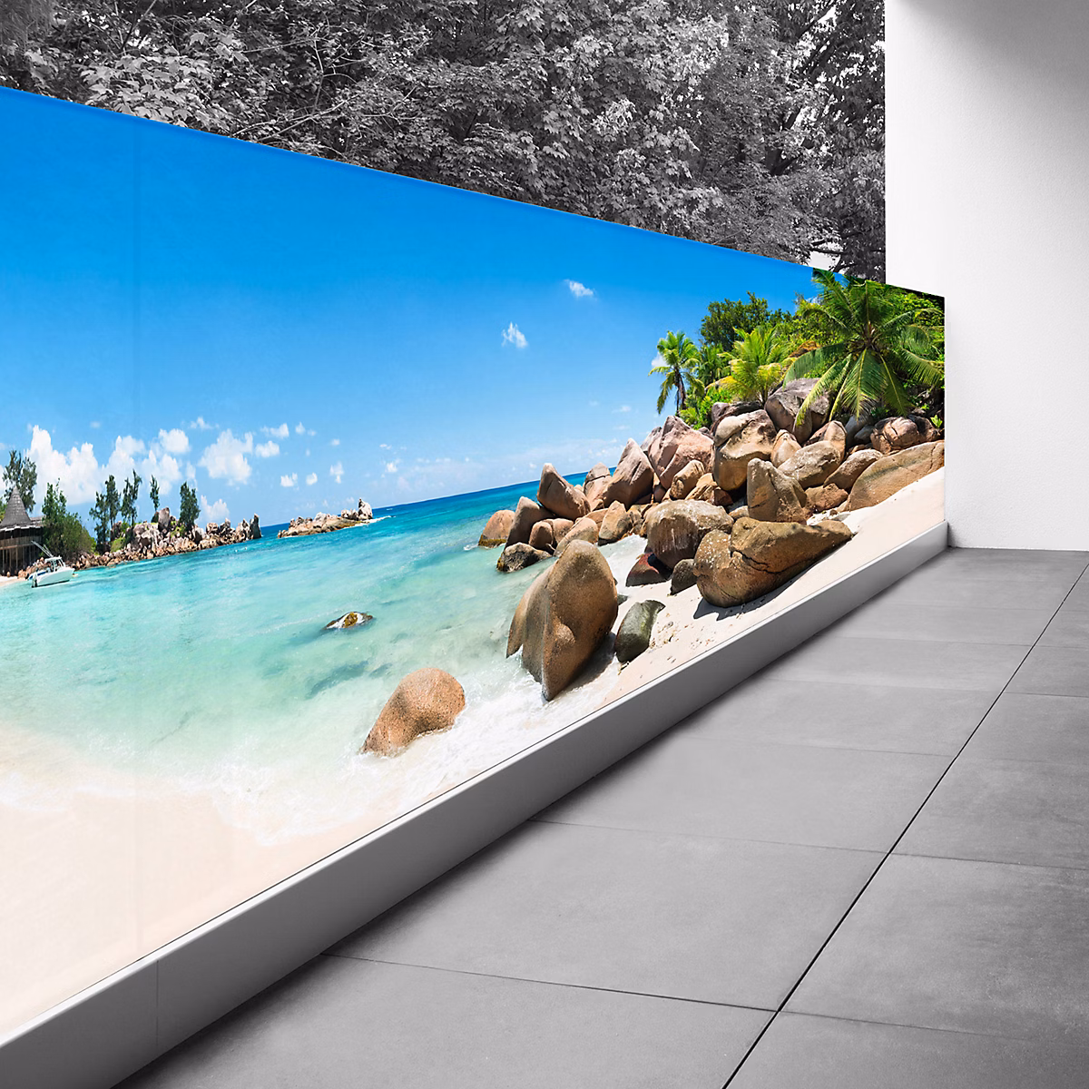 Brise vue Trompe l'oeil – 80 × 320 cm, Vue plage mer palmiers 3617689697802