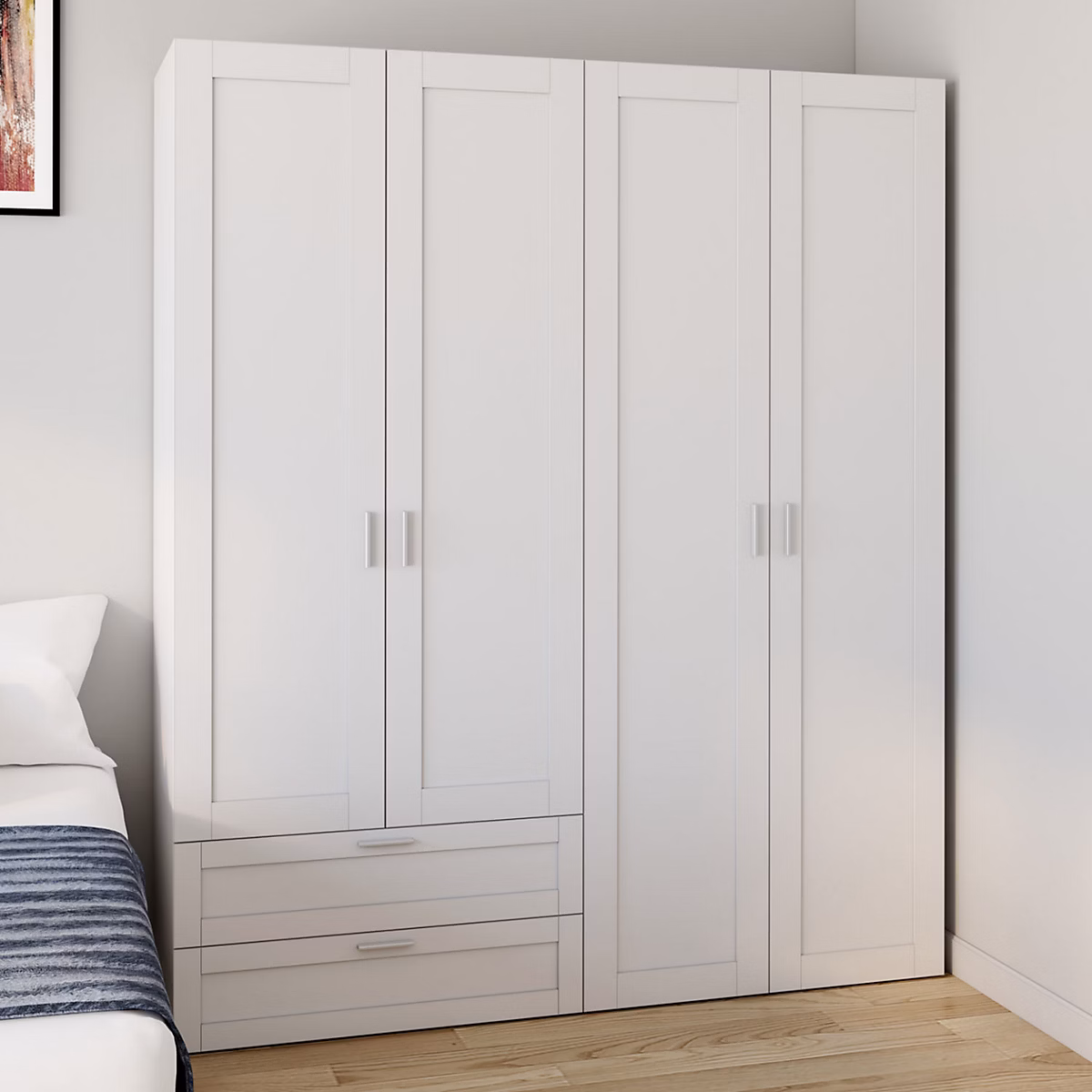 Armoire 4 portes VITO blanc penderie 160 cm avec 2 tiroirs et étagères – Réf. SHFGOBLFY5344739121