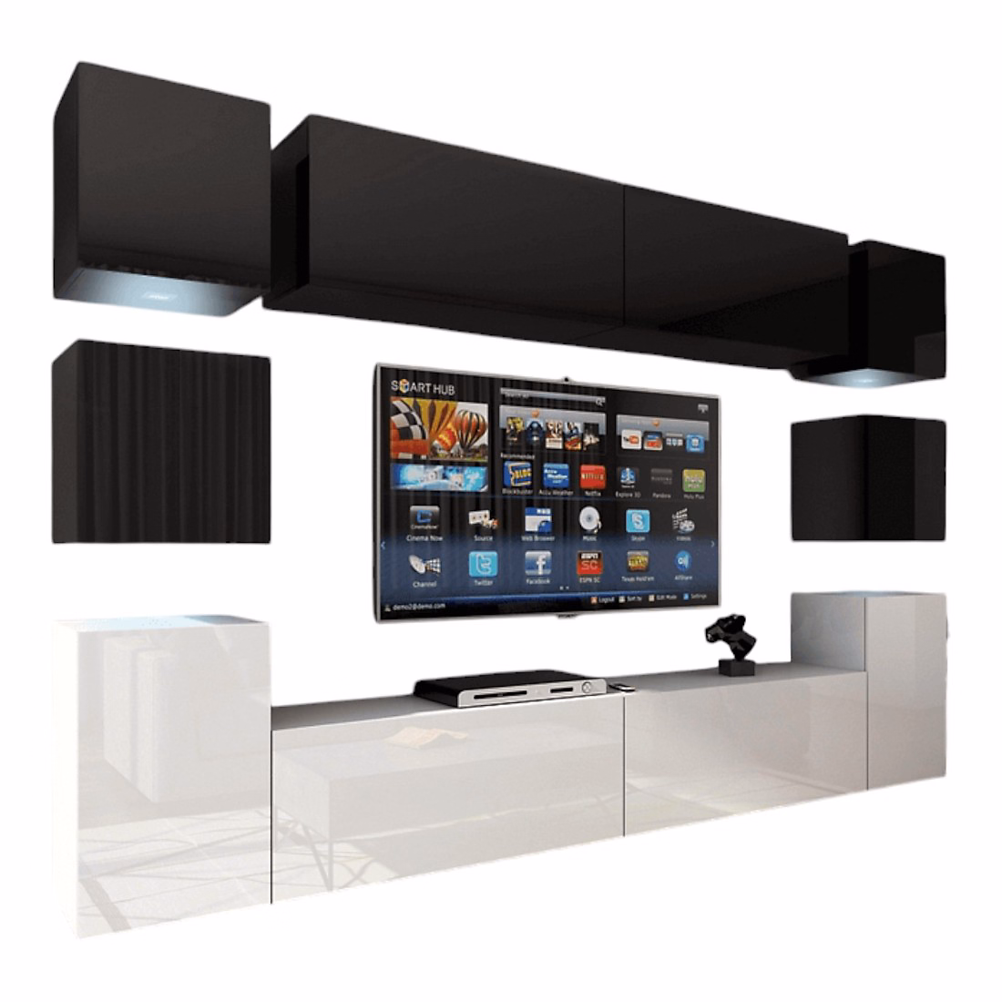Ensemble meubles de salon suspendus haut noir – bas blanc | collection CEPTO XIV 256 cm | 10 meubles | LEDs